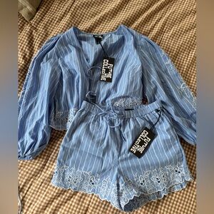 Blue Striped Two-Piece Set with Floral Embroidery *NEW WITH TAGS*